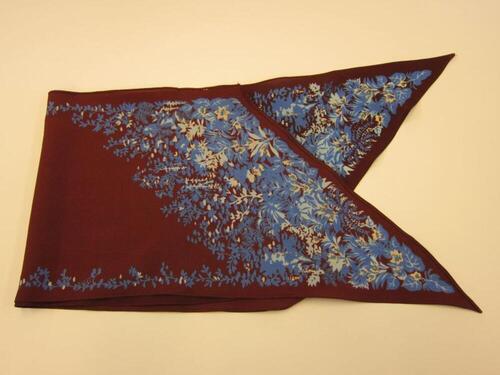 Foulard in bourdeauxkleurige zijde met blauwe natuurprint