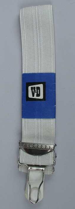 Brede witte elastische jarretelle, in originele blauwe wikkel, "V&D"