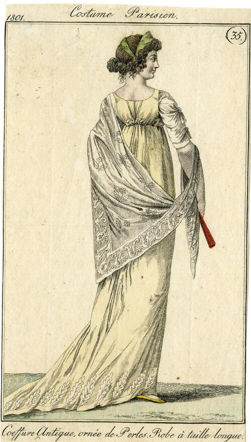Costume Parisien 'Coeffure Antique, ornée de Perles. Robe à taille longue'