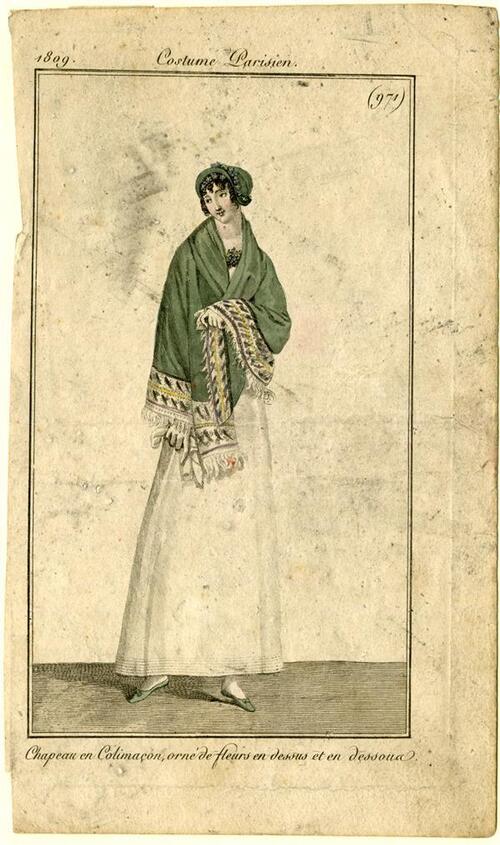 Costume Parisien 'Chapeau en Colimaçon, orne de fleurs en dessus et en dessous'