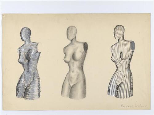 Tekening van drie vrouwentorsen met gestileerd hoofd