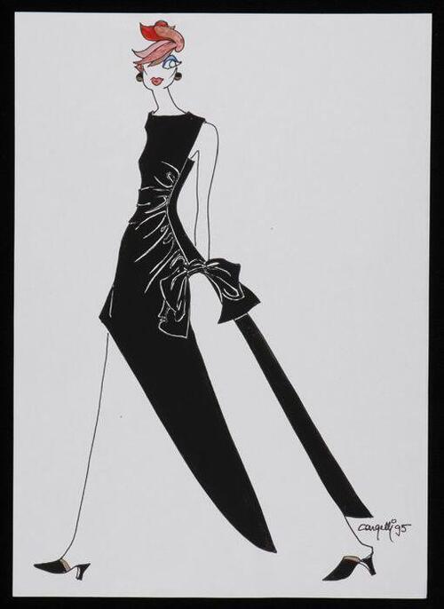 Mode-tekening, ontwerptekening in gemengde technieken op wit papier, "Cargelli 95"