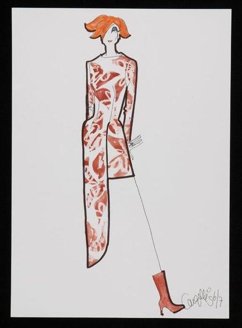 Mode-tekening, ontwerptekening in gemengde technieken op wit papier, "Cargelli 96/7"