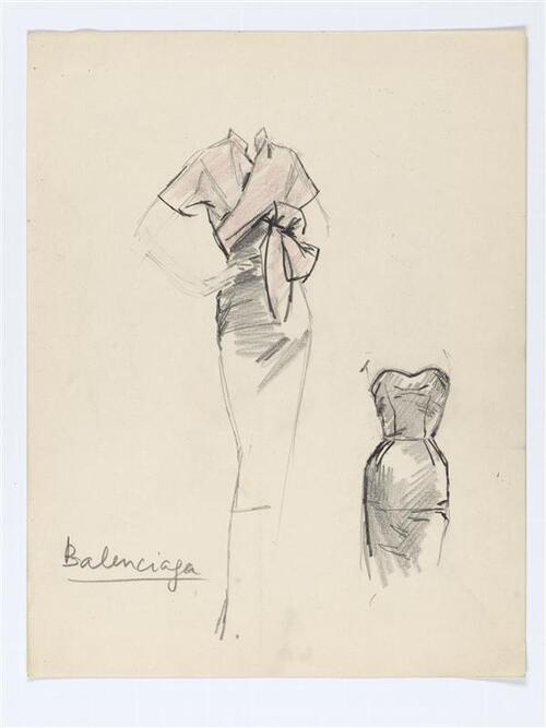 Illustratie van een jurk met omslag van Balenciaga
