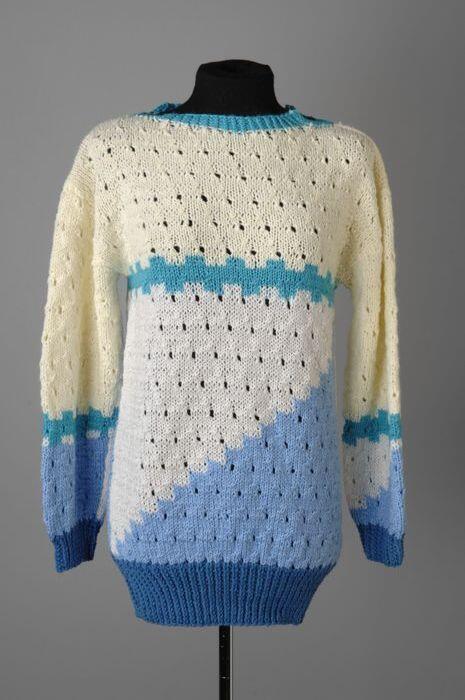 Trui met boothals en lange mouwen, handmatig gebreid, fantasiesteken in diverse kleuren garen