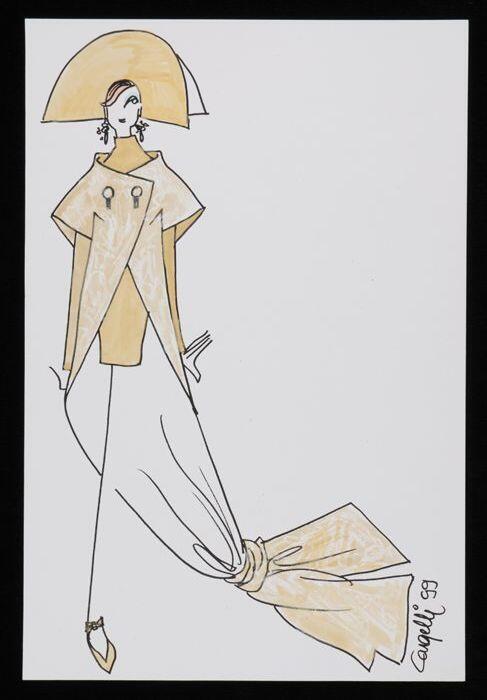 Mode-tekening, ontwerptekening in gemengde technieken op wit papier, "Cargelli 99"