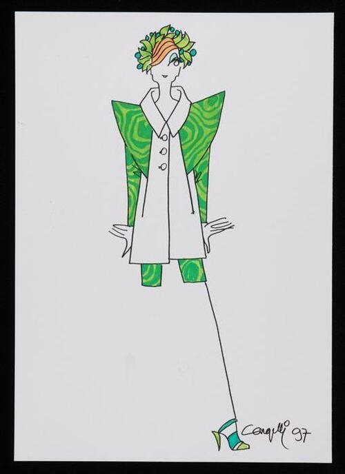 Mode-tekening, ontwerptekening in gemengde technieken op wit papier, "Cargelli 97"