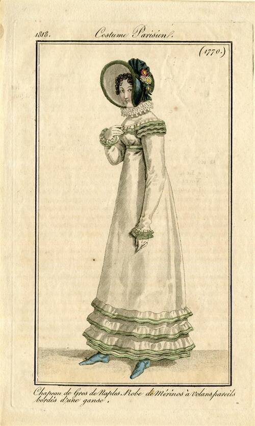 Costume Parisien 'Chapeau de gros de Naples. Robe de Mérinos à volans pareils bordés d'une ganse'