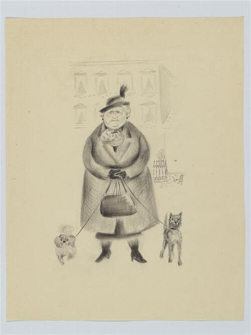 Tekening van dikke vrouw in mantel en hoed met twee hondjes