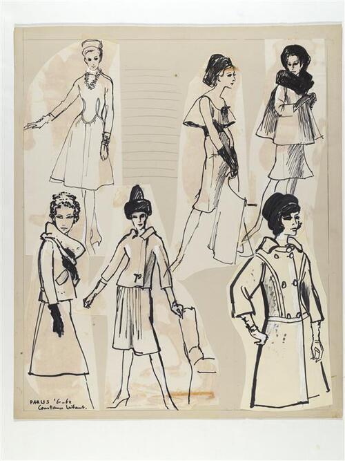 Modetekening van mantelpak Cardin, ensemble Dior, jurk Griffe en mantel Lanvin