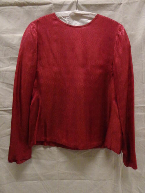 Tuniek van rood mengweefsel van  rayon/acetaat met ingeweven gestileerd bloemmotief