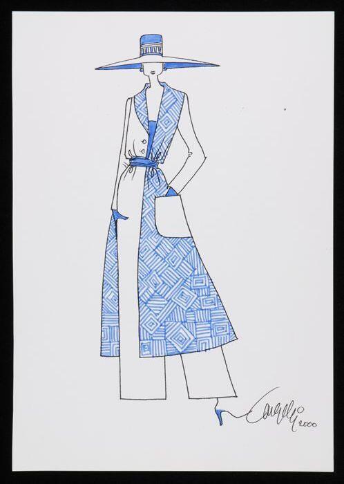 Mode-tekening, ontwerptekening in gemengde technieken op wit papier, "Cargelli 2000"