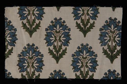 Stofstaal, katoen met verspringend bloemdessin in groen en blauw, Kralingse katoenaatschappij, …