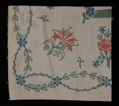 Stofstaal, katoen met dessin met bloemen en ranken in groen, roze en blauw, Kralingse…