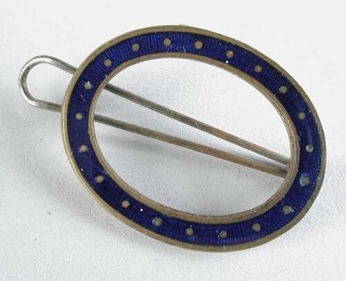 haarschuif, metalen ring met donkerblauw emaille en goudkleurige puntjes en metalen clip