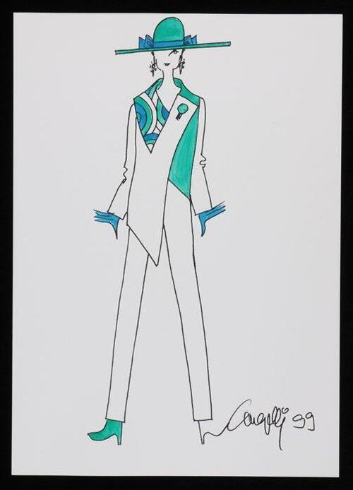Mode-tekening, ontwerptekening in gemengde technieken op wit papier, "Cargelli 99"