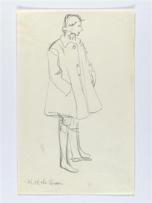 Illustratie van koningin Elizabeth, gekleed in wijde mantel, lange broek en hoge laarzen