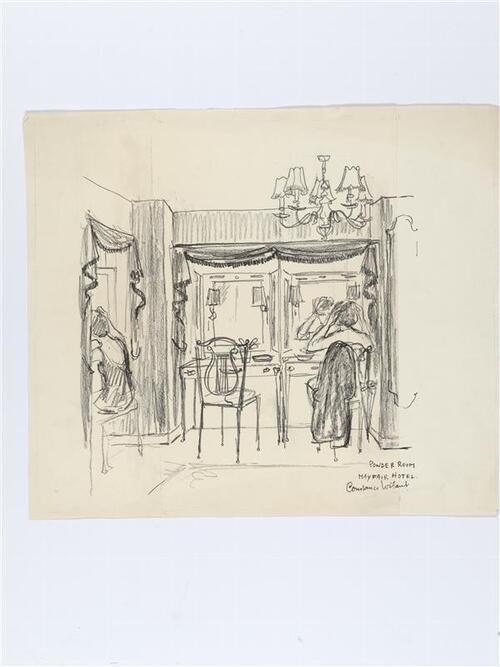 Illustratie van twee vrouwen in powder room van Mayfair Hotel te Londen