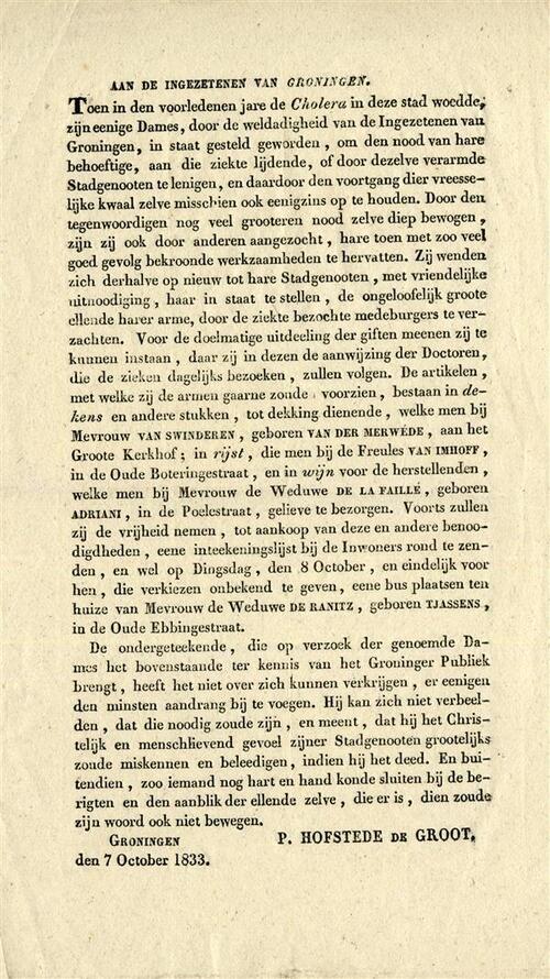 Brief over liefdadigheid na Cholera uitbraak