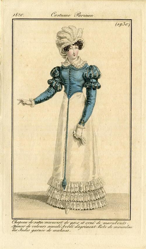 Costume Parisien 'Chapeau de satin recouvert de gaze et orné de marabouts. Spencer de velours…