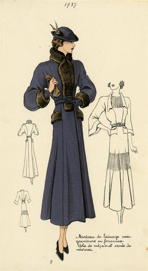 Manteau de lainage avec garniture en fourrure. Robe de crêpe mat ornée de nervures.