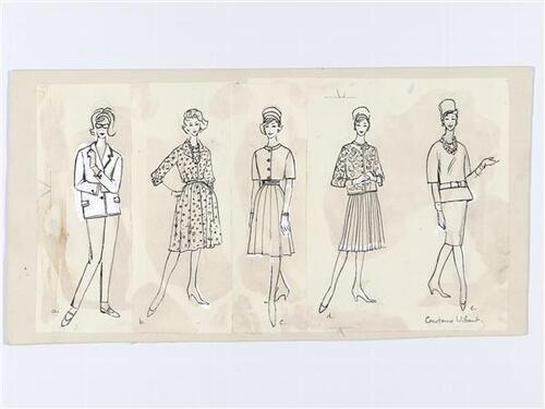 Illustratie van vijf vrouwen, respectievelijk gekleed in deux-pièces, jurk, ensemble, ensemble en…