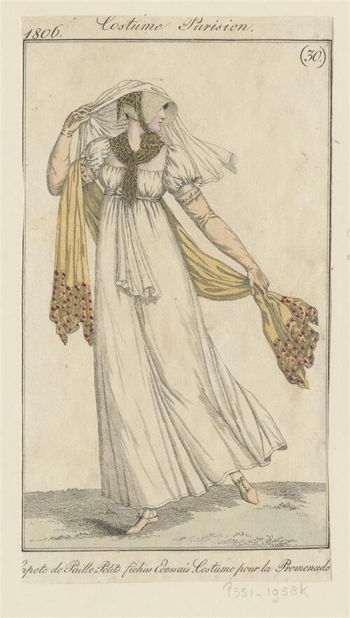 Costume Parisien 'Capote de Paille. Petits fichus Ecossais. Costume pour la Promenade'