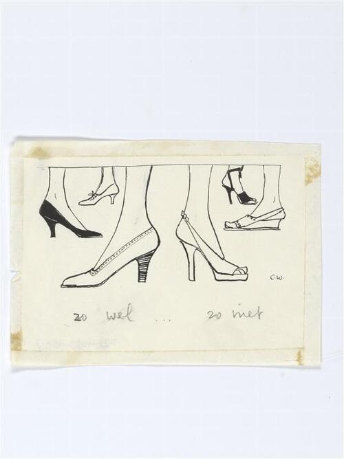Illustratie van zes schoenen, waarvan drie met hoge hak en drie met doorlopende hak