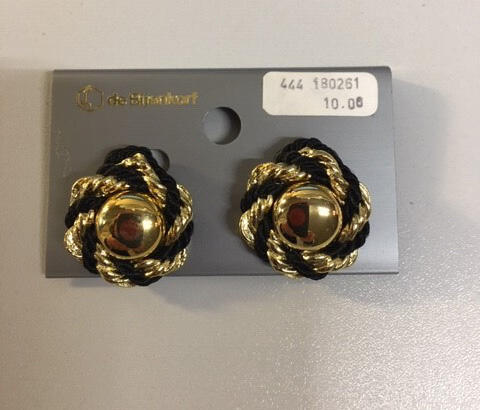 Paar oorclips.  Rond, goudkleurig metaal. Glanzende goudkleurige bol in het midden met daaromheen…
