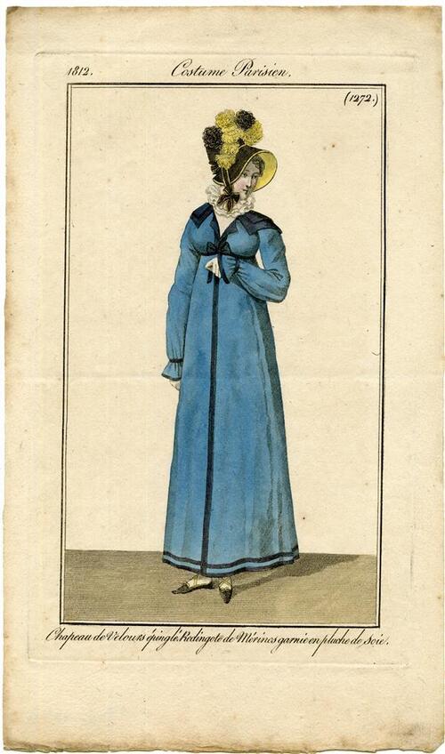Costume Parisien 'Chapeau de Velours épinglé. Redingote de Mérinos garnie en pluche de soie'