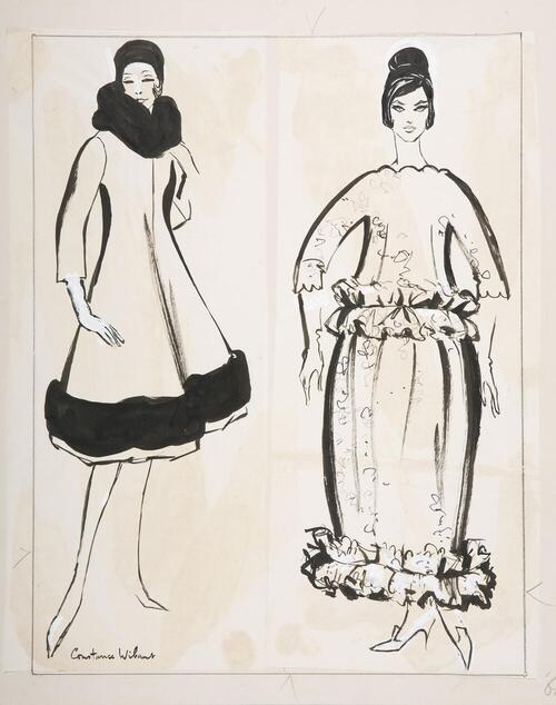 Modetekening van mantel Maison Nina Ricci en avondjurk Maison Dior