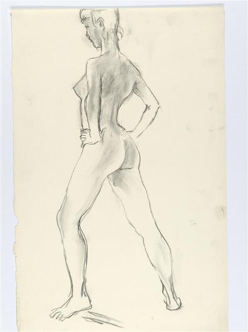 Modeltekening van naakt vrouwfiguur, op rug gezien