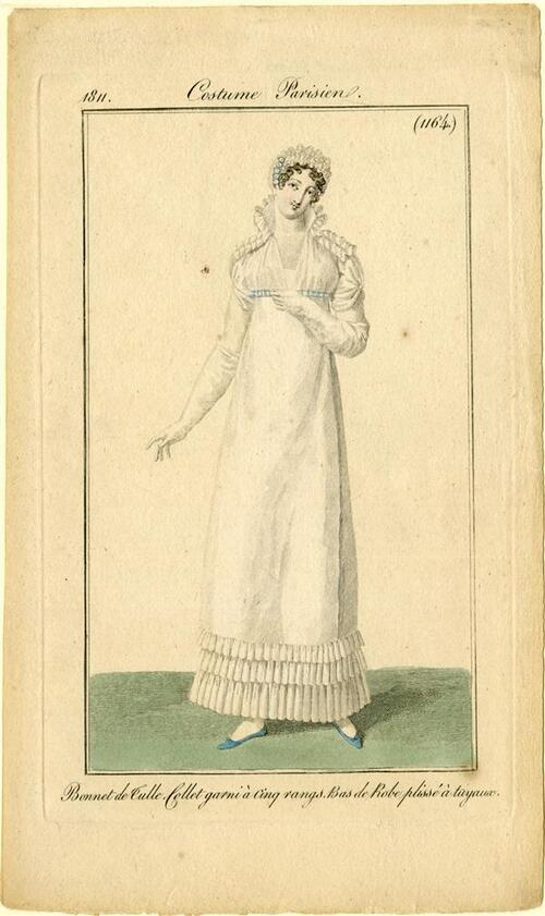 Costume Parisien 'Bonnet de tulle. Collet garni à cinq rangs. Bas de Robe plissé à tuyaux'