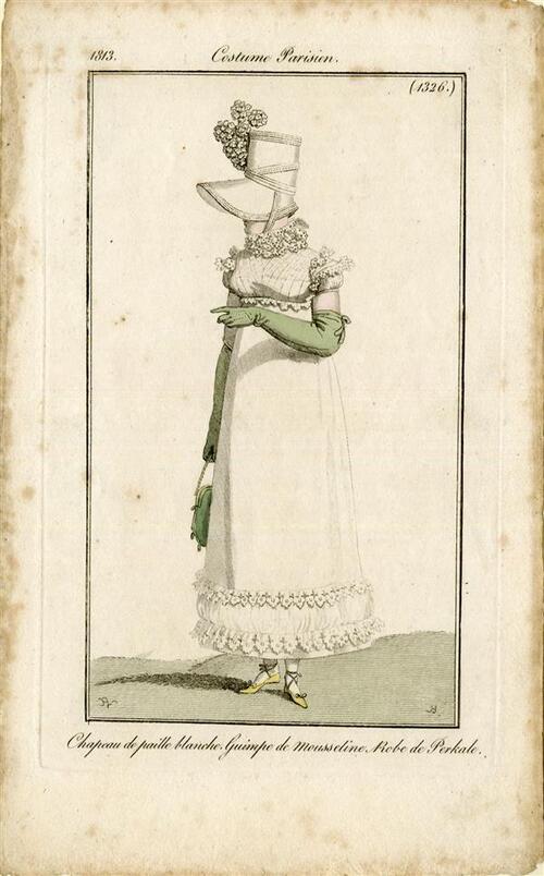 Costume Parisien 'Chapeau de paille Blanche. Guimpe de mousseline. Robe de Perkale'