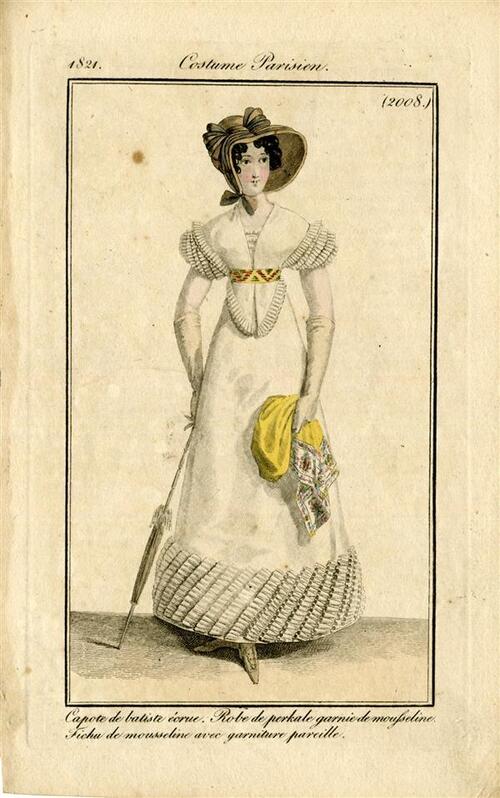Costume Parisien 'Capote de batiste écrue. Robe de perkale garnie de mousseline. Fichu de…