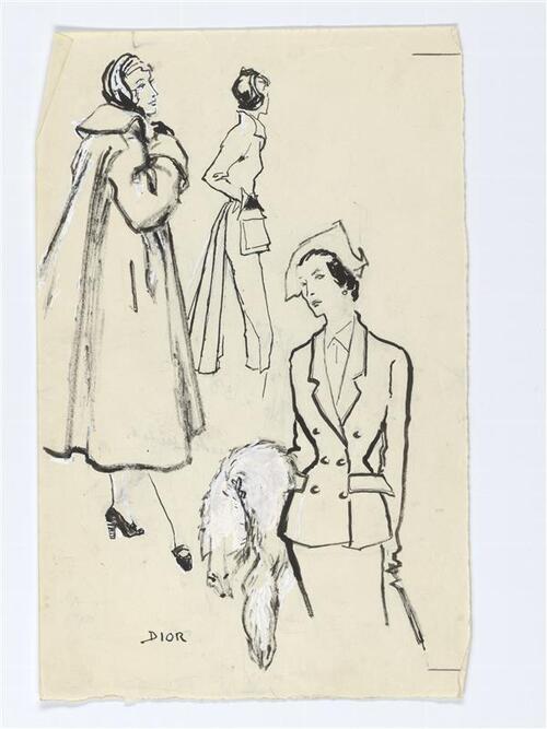 Modetekening van drie vrouwfiguren in kleding Dior