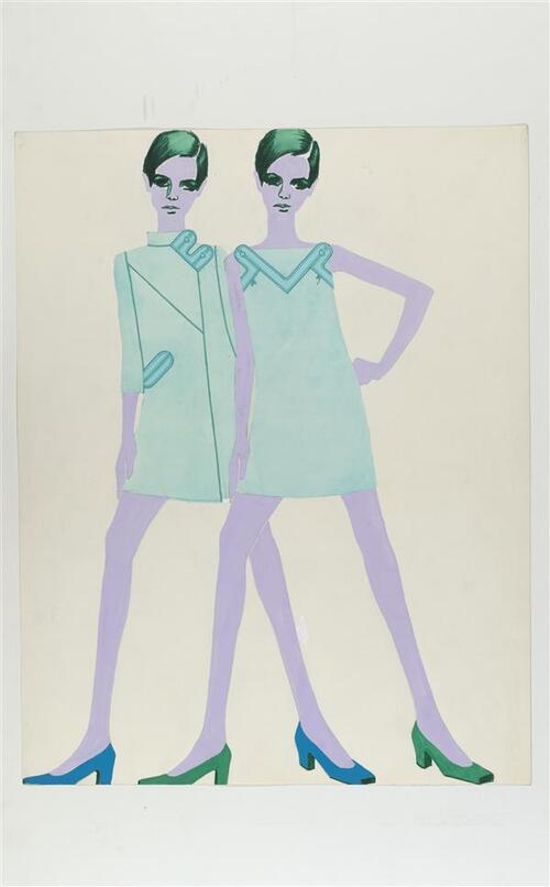 Ontwerptekening van twee turquoise mini-ensembles