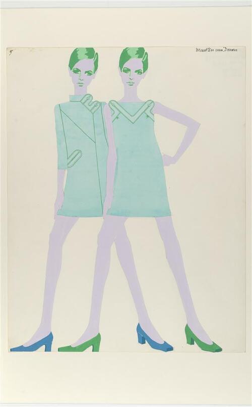 Ontwerptekening van twee turquoise mini-ensembles