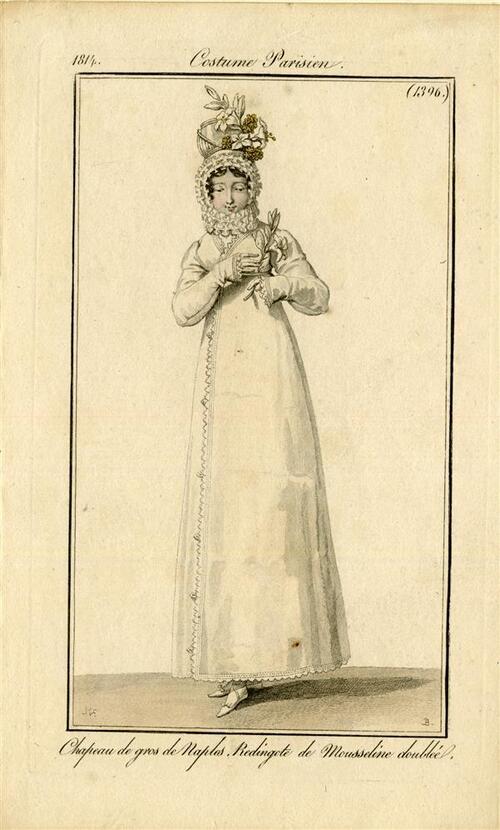 Costume Parisien 'Chapeau de gros de Naples, Redingote de Mousseline doublée'