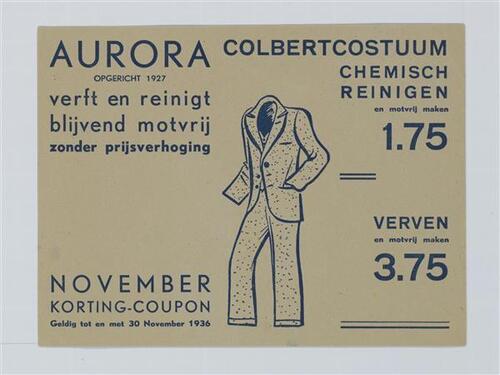 Aurora, reclamekaart stomerij aurora met aanbieding voor chemisch reinigen