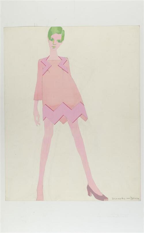 Ontwerptekening van roze mini-jurk met zig-zag motieven