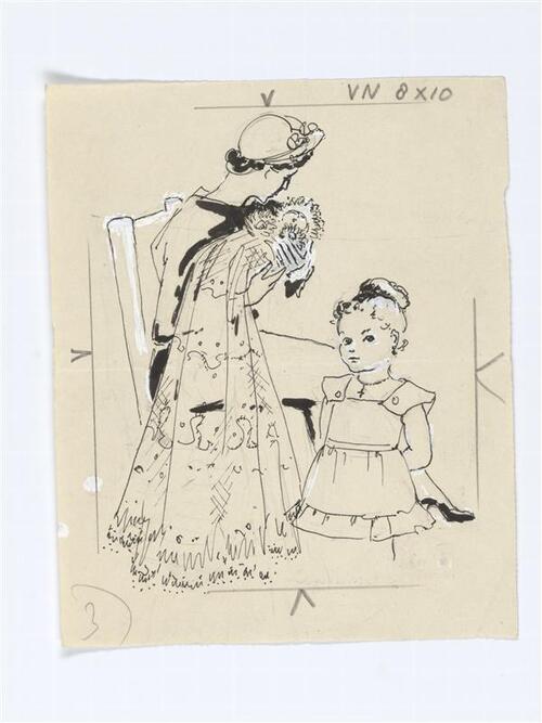 Illustratie van vrouw met baby in de arm, rechts klein meisje