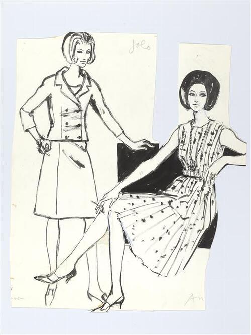 Modetekening van jurk en deux-pièces bestaande uit jasje en jurk Jolo Couture