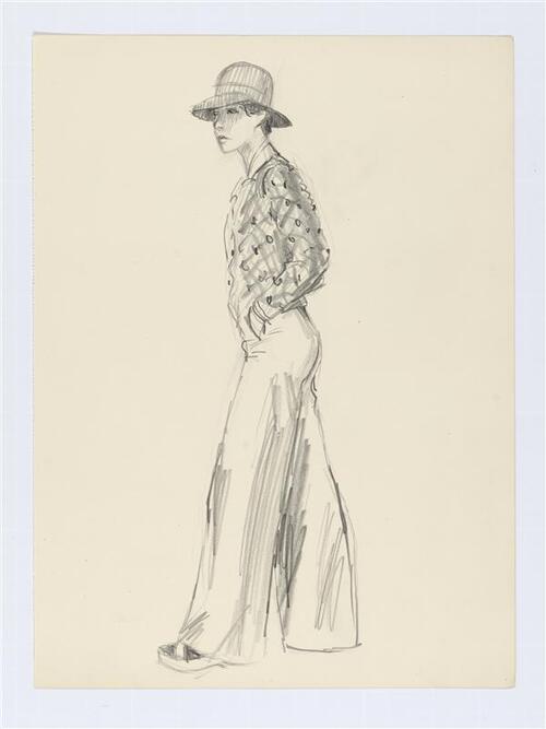 Modeltekening van staande vrouw in jasje en broek