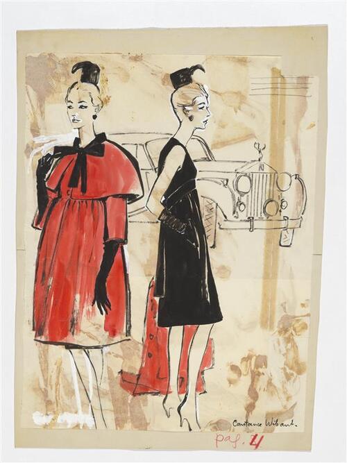 Modetekening van mantel en jurk Balenciaga