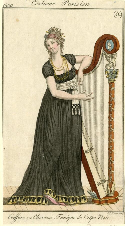 Costume Parisien 'Coeffure en Cheveux. Tunique de Crêpe Noir'