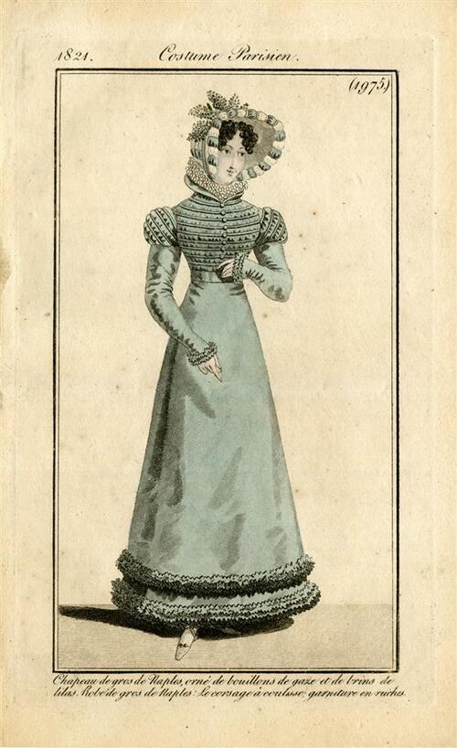 Costume Parisien 'Chapeau de gros de Naples, orné de bouillons de gaze et de brins de lilas. Robe…