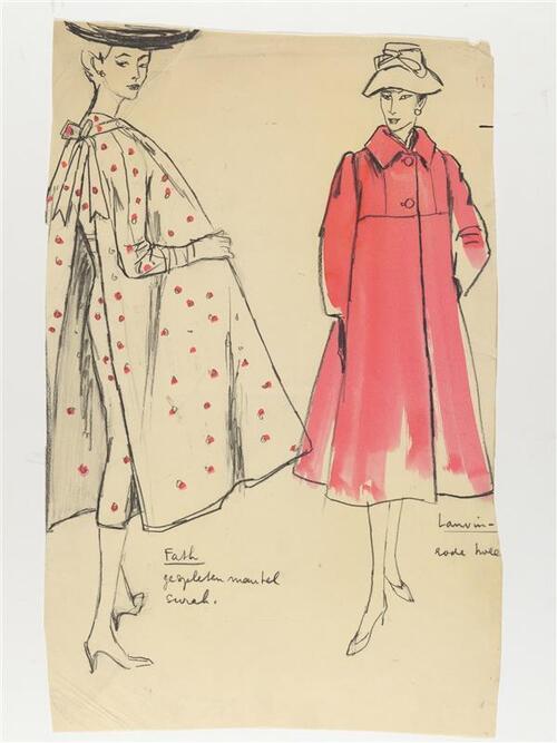 Modetekening van ensemble Fath en mantel Lanvin