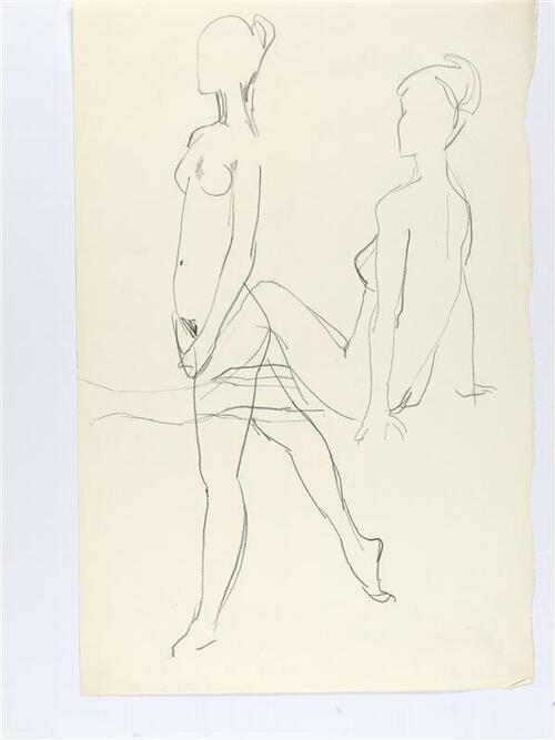 Modeltekening van twee naakte vrouwfiguren