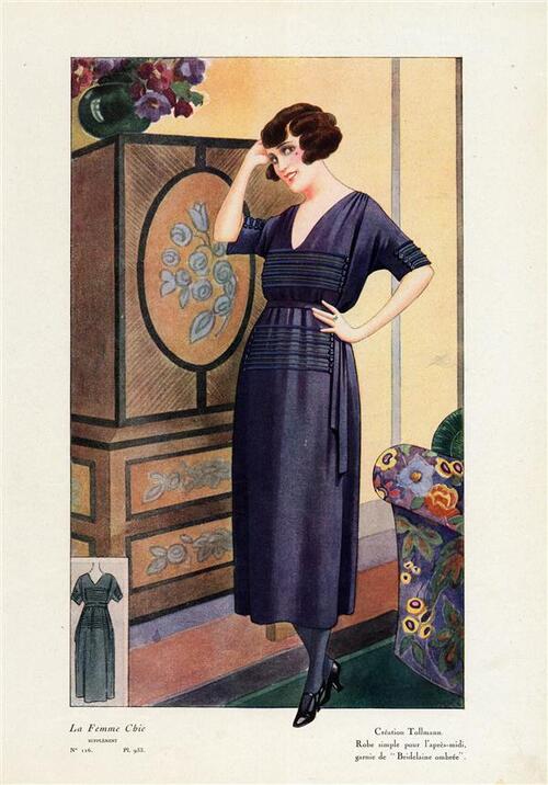 La Femme Chic, Création Tollman, Robe simple pour l'après-midi garnie de 'Bridelaine ombrée'